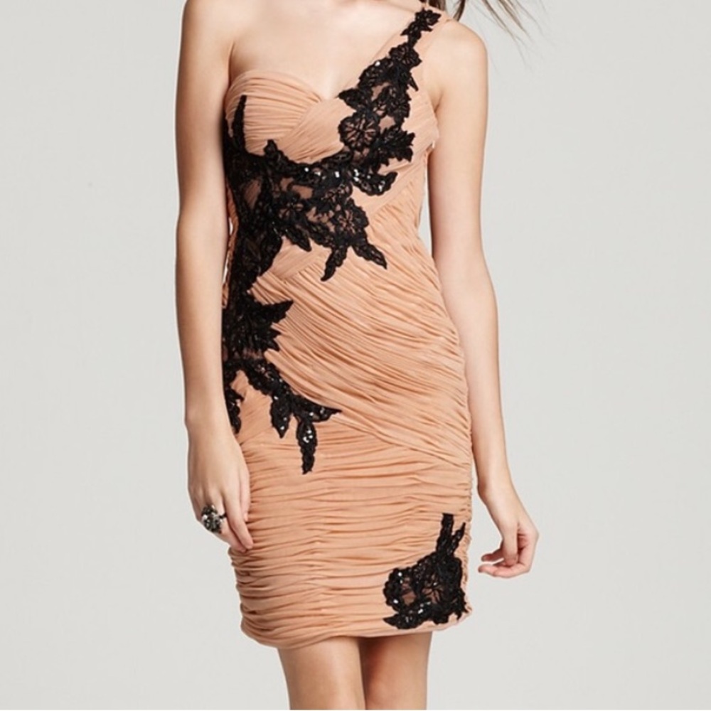 SUE WONG Ruched Lace Embellished One Shoulder Mini Cocktail Dress